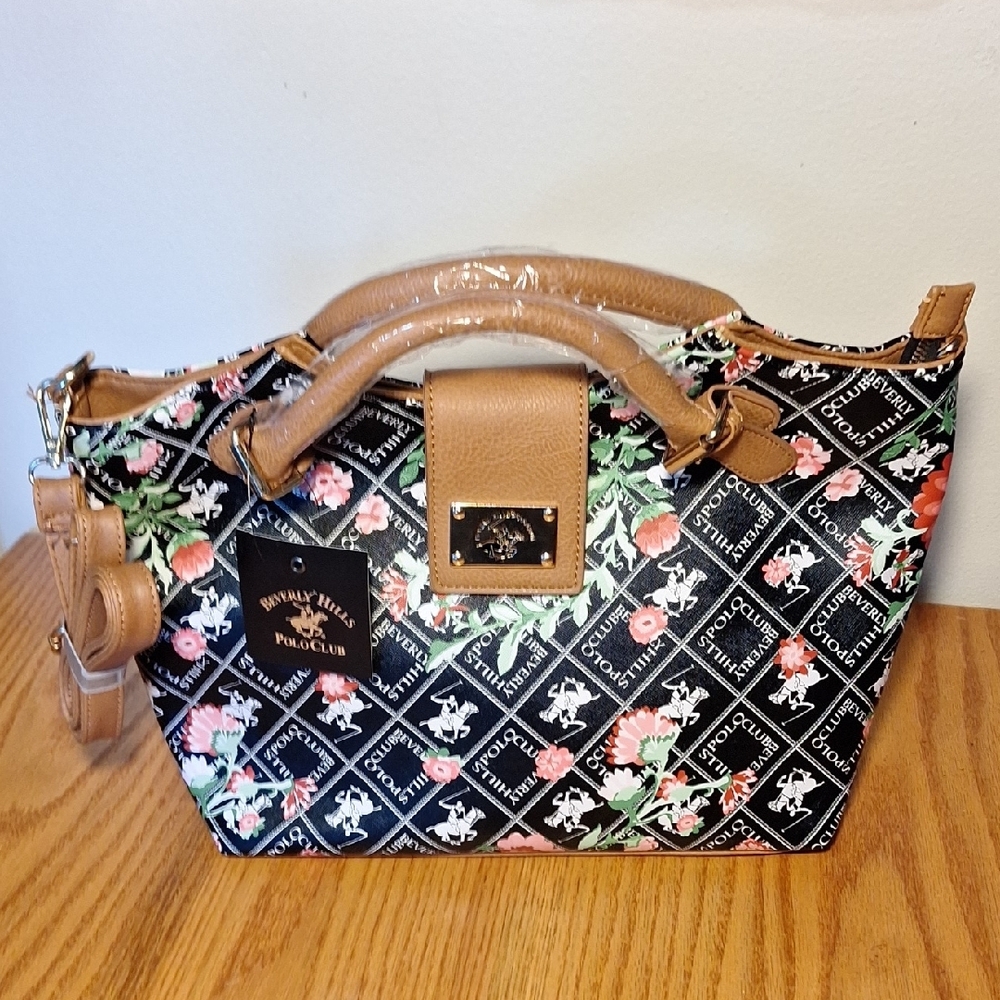 Beverly Hills Polo Club Black and Tan Satchel with Geometric Design